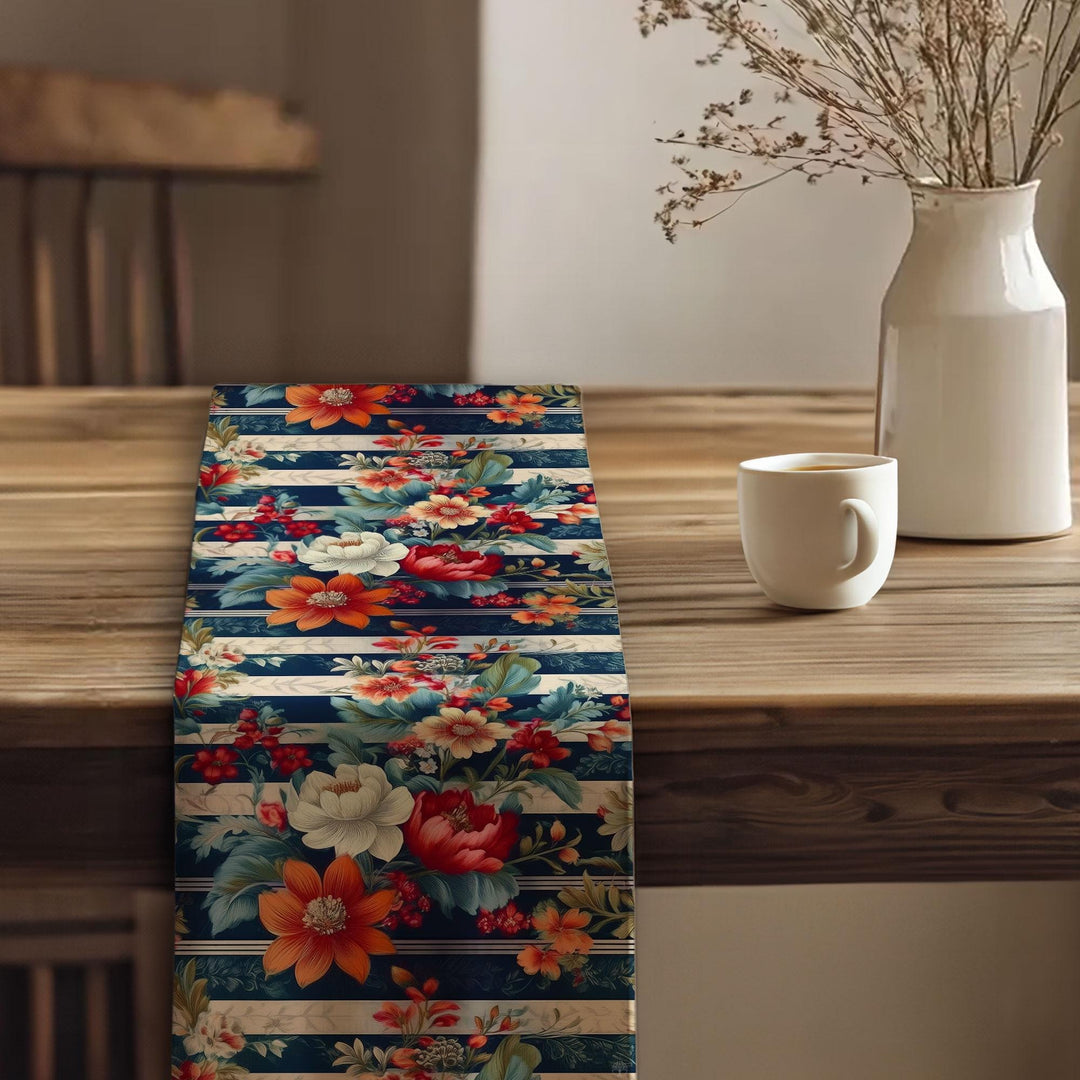 17x70 Floral Table Runner|Floral Tablecloth|Striped Table Runner|Modern Home Decor|Farmhouse Kitchen Table Runner|Decorative Runner