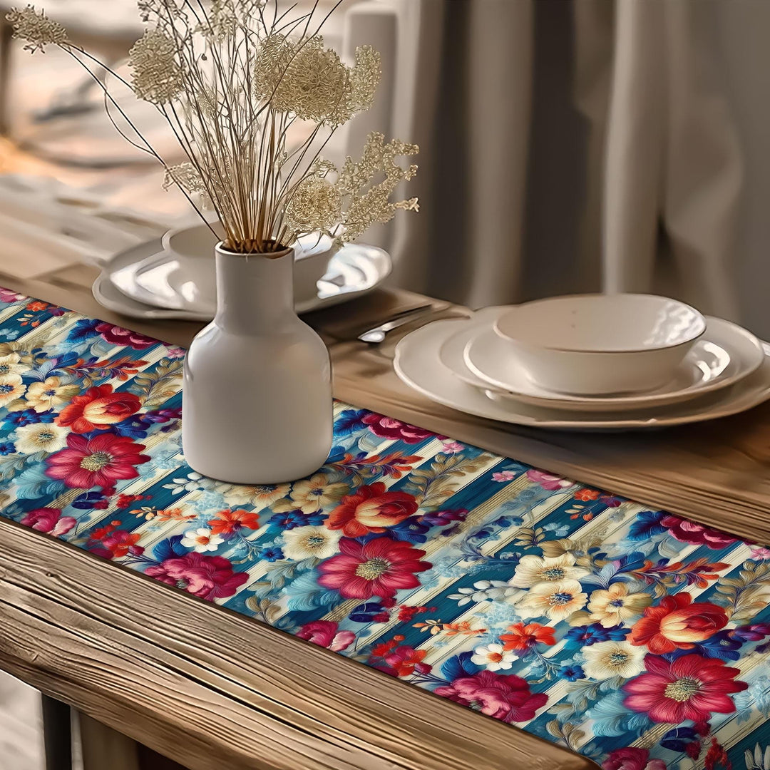 17x70 Floral Table Runner|Floral Tablecloth|Striped Table Runner|Modern Home Decor|Farmhouse Kitchen Table Runner|Decorative Runner