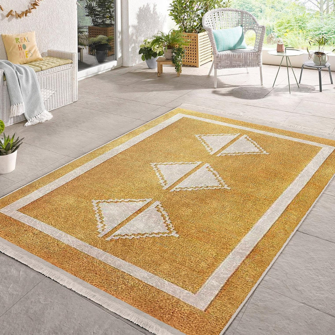 Golden Yellow Diamond Rug|Modern Abstract Floor Mat|Boho Minimalist Carpet|Machine-Washable Non-Slip Living Room Rug|Cozy Floor Covering