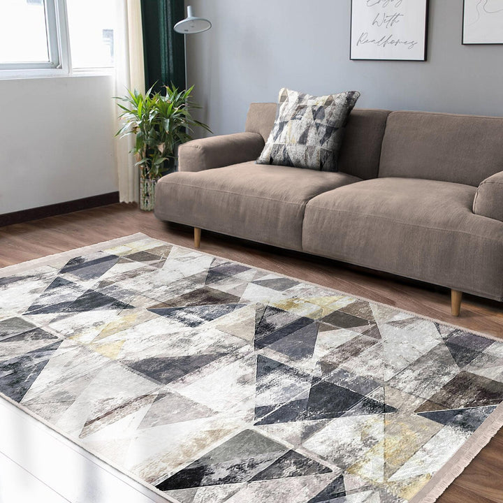 Gray Geometric Area Rug|Modern Neutral Carpet|Boho Cozy Living Room Decor|Machine-Washable Non-Slip Rug|Scandi Style Home Update