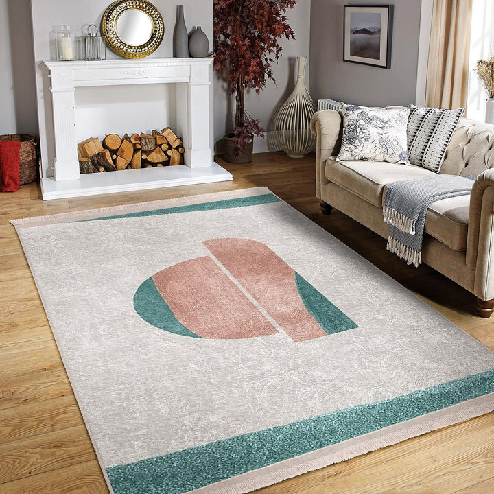 Teal Pink Abstract Rug|Modern Geometric Carpet|Boho Accent Rug|Machine-Washable Carpet|Non-Slip Rug|Colorful Living Room Carpet