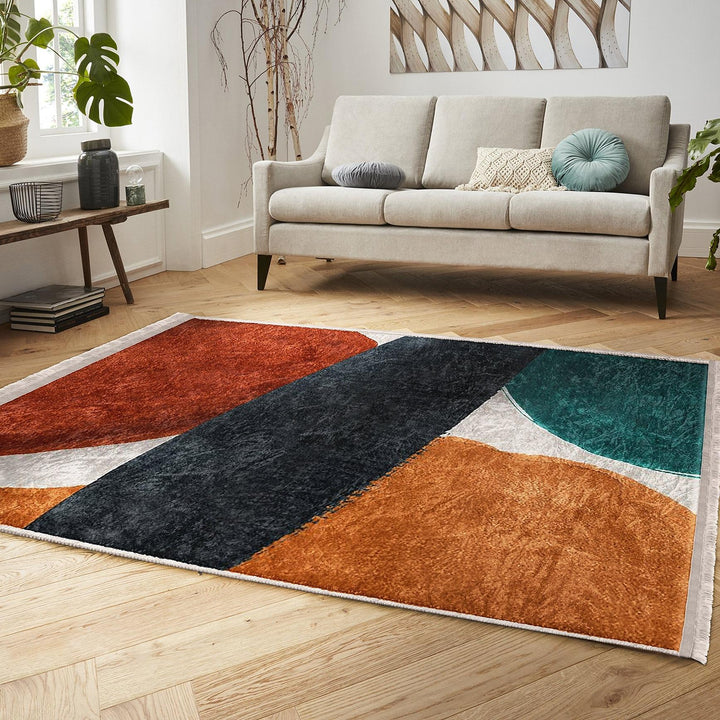 Overlapping Shape Abstract Rug|Modern Art-Inspired Carpet|Boho Patio Rug|Machine-Washable Carpet|Non-Slip Rug|Indoor Carpet