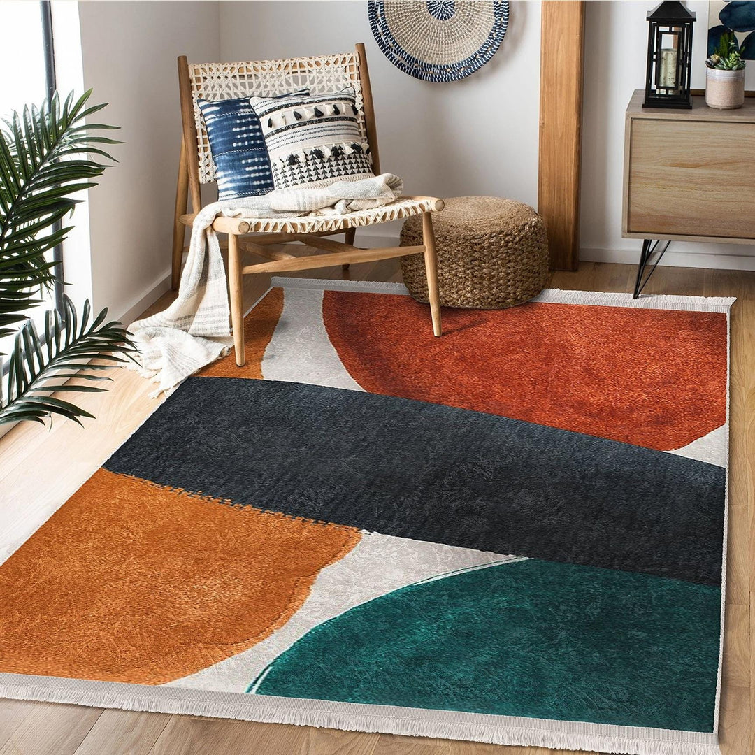 Overlapping Shape Abstract Rug|Modern Art-Inspired Carpet|Boho Patio Rug|Machine-Washable Carpet|Non-Slip Rug|Indoor Carpet