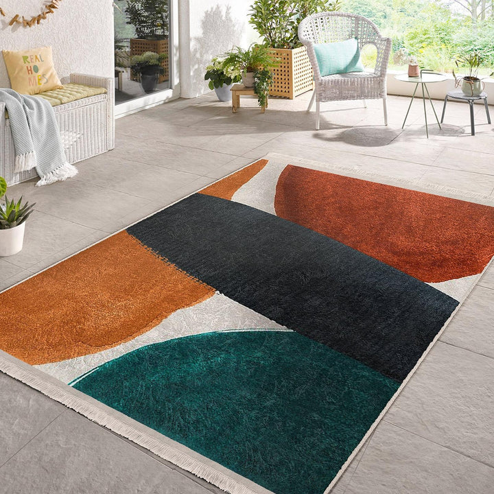 Overlapping Shape Abstract Rug|Modern Art-Inspired Carpet|Boho Patio Rug|Machine-Washable Carpet|Non-Slip Rug|Indoor Carpet