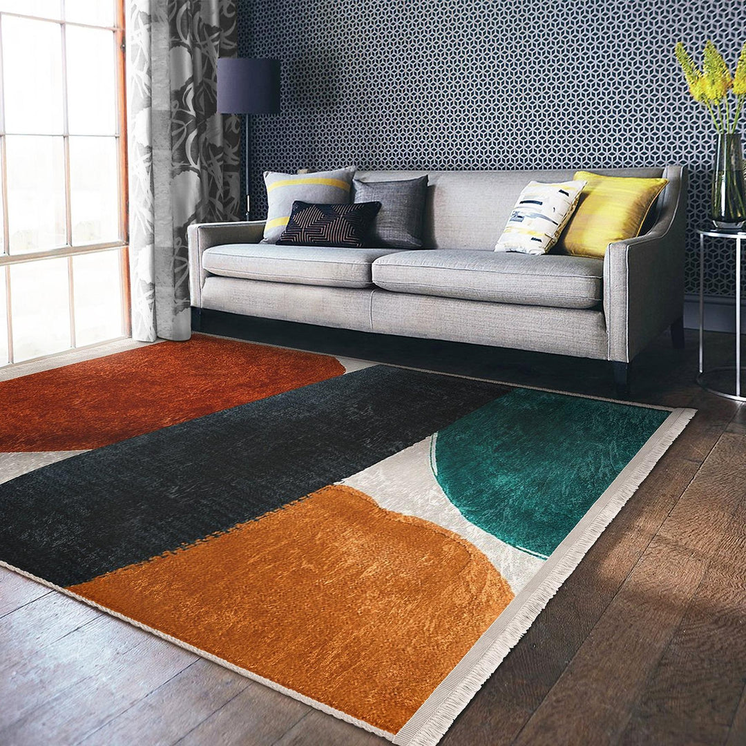 Overlapping Shape Abstract Rug|Modern Art-Inspired Carpet|Boho Patio Rug|Machine-Washable Carpet|Non-Slip Rug|Indoor Carpet