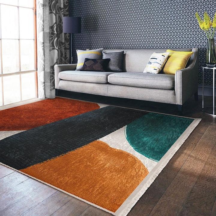 Overlapping Shape Abstract Rug|Modern Art-Inspired Carpet|Boho Patio Rug|Machine-Washable Carpet|Non-Slip Rug|Indoor Carpet