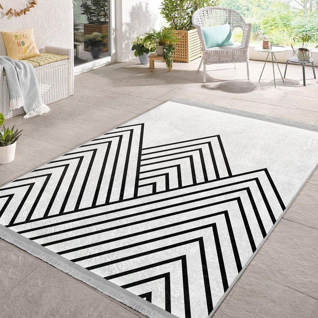 Angular Linework Abstract Rug|Modern Monochrome Carpet|Boho Graphic Pattern Rug|Machine-Washable Carpet|Non-Slip Rug|Artful Carpet