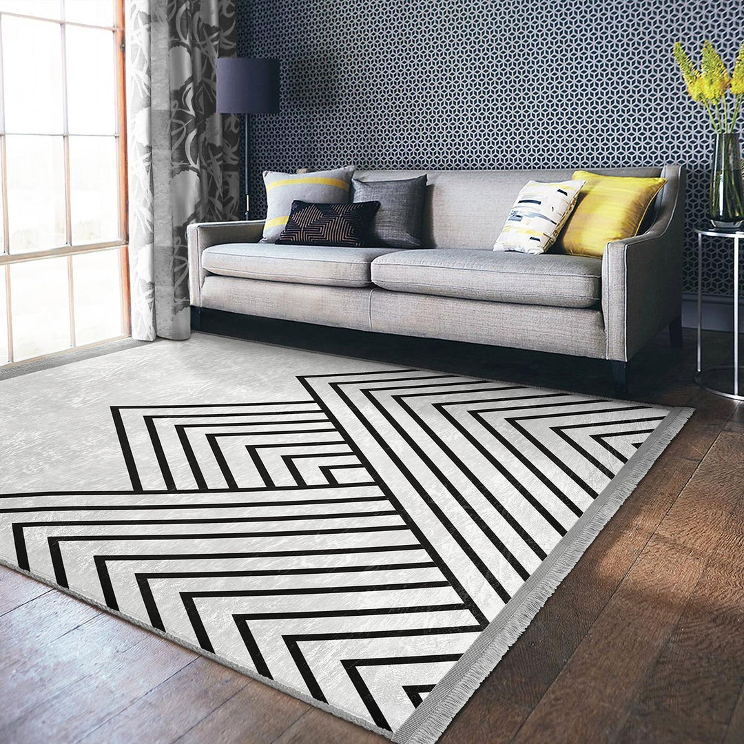 Angular Linework Abstract Rug|Modern Monochrome Carpet|Boho Graphic Pattern Rug|Machine-Washable Carpet|Non-Slip Rug|Artful Carpet