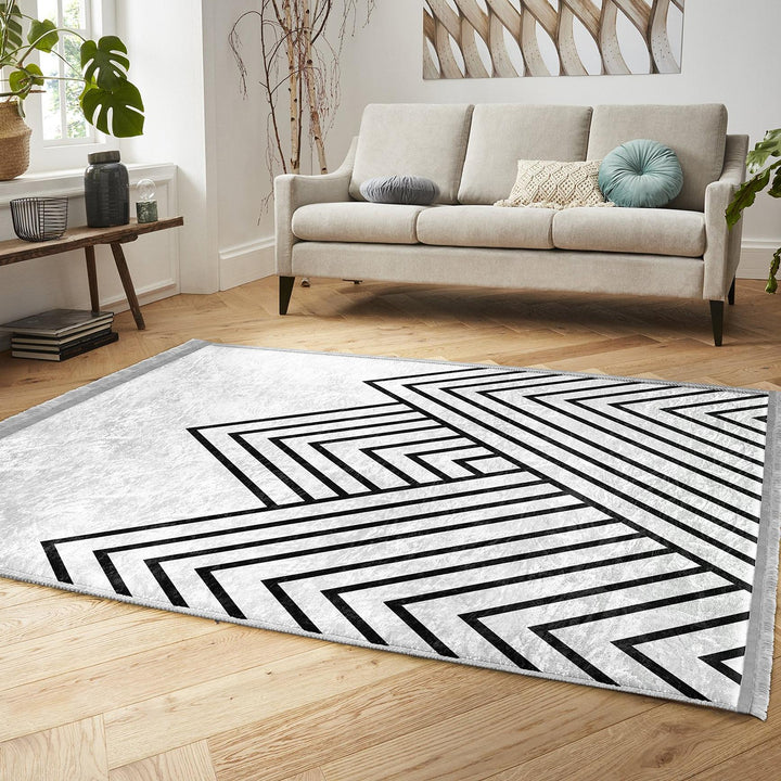 Angular Linework Abstract Rug|Modern Monochrome Carpet|Boho Graphic Pattern Rug|Machine-Washable Carpet|Non-Slip Rug|Artful Carpet