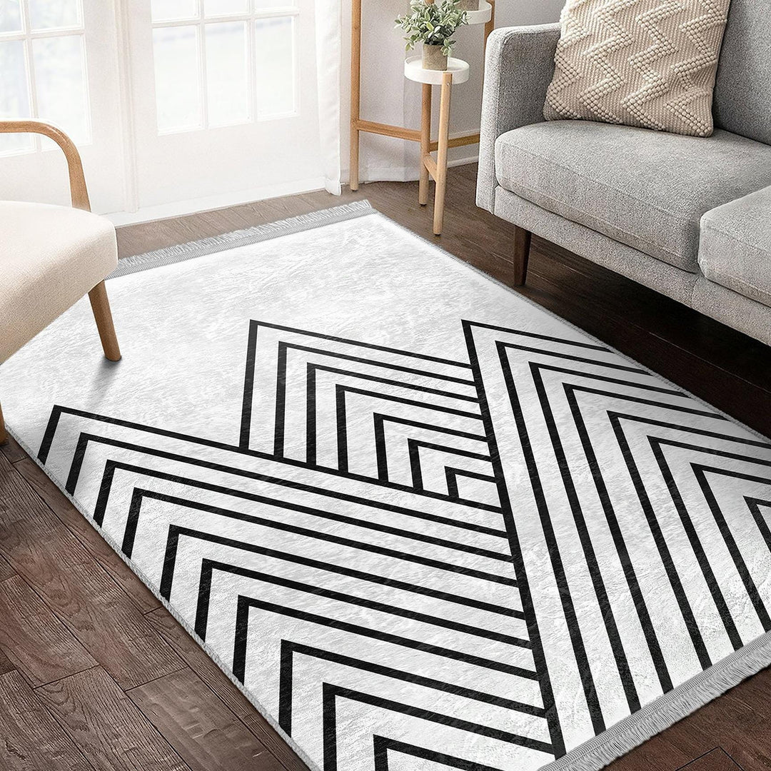 Angular Linework Abstract Rug|Modern Monochrome Carpet|Boho Graphic Pattern Rug|Machine-Washable Carpet|Non-Slip Rug|Artful Carpet