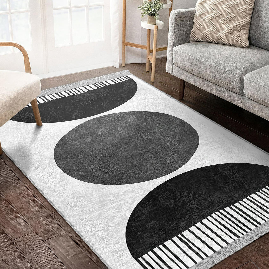 Circle Motif Abstract Rug|Modern Graphic Carpet|Boho Geometric Rug|Machine-Washable Carpet|Non-Slip Rug|Art-Inspired Living Room Carpet