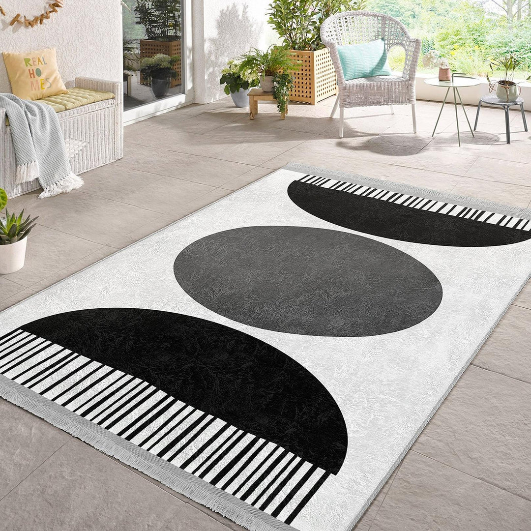Circle Motif Abstract Rug|Modern Graphic Carpet|Boho Geometric Rug|Machine-Washable Carpet|Non-Slip Rug|Art-Inspired Living Room Carpet