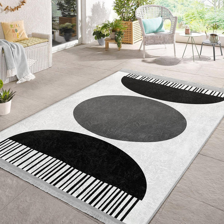 Circle Motif Abstract Rug|Modern Graphic Carpet|Boho Geometric Rug|Machine-Washable Carpet|Non-Slip Rug|Art-Inspired Living Room Carpet