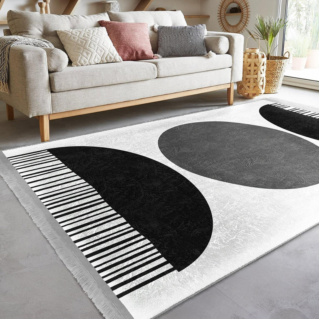 Circle Motif Abstract Rug|Modern Graphic Carpet|Boho Geometric Rug|Machine-Washable Carpet|Non-Slip Rug|Art-Inspired Living Room Carpet