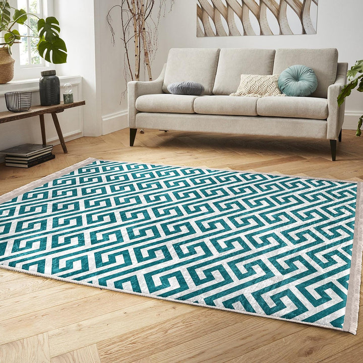 Teal Geometric Rug|Modern Minimalist Carpet|Abstract Pattern Floor Mat|Washable&Non-Slip|Scandinavian Style Decor|Cozy Room Accent