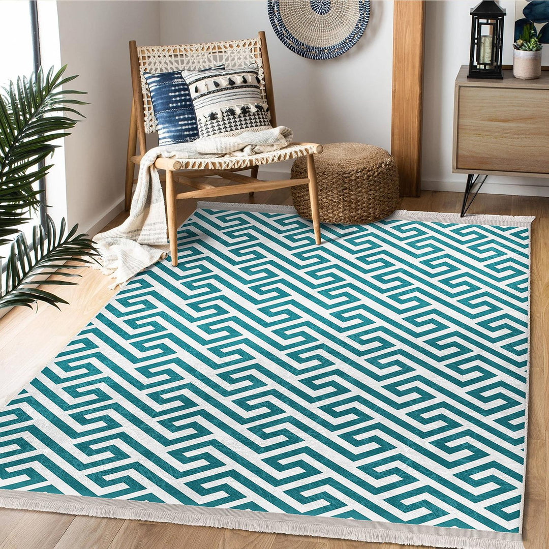 Teal Geometric Rug|Modern Minimalist Carpet|Abstract Pattern Floor Mat|Washable&Non-Slip|Scandinavian Style Decor|Cozy Room Accent