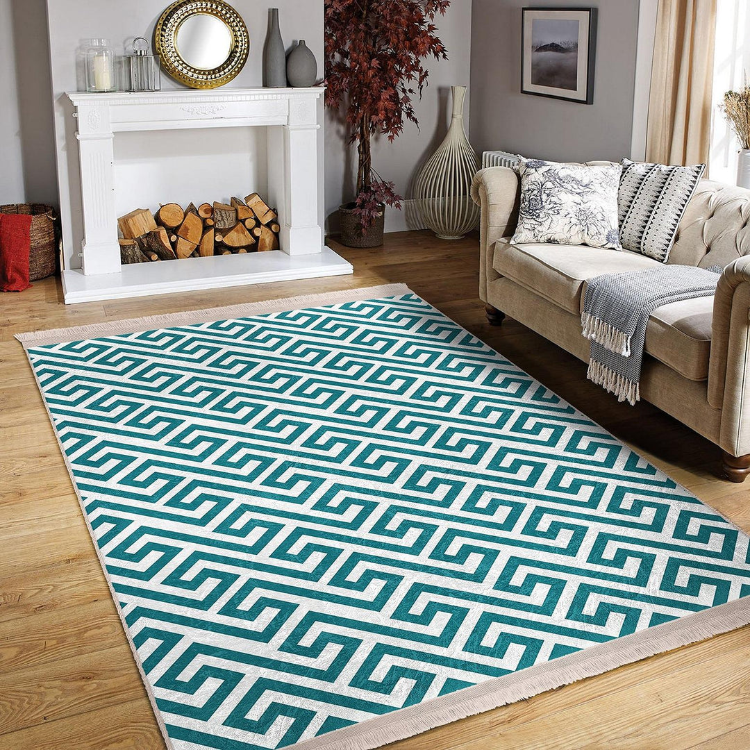 Teal Geometric Rug|Modern Minimalist Carpet|Abstract Pattern Floor Mat|Washable&Non-Slip|Scandinavian Style Decor|Cozy Room Accent