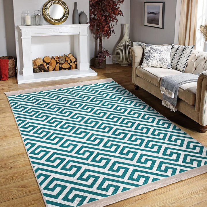 Teal Geometric Rug|Modern Minimalist Carpet|Abstract Pattern Floor Mat|Washable&Non-Slip|Scandinavian Style Decor|Cozy Room Accent