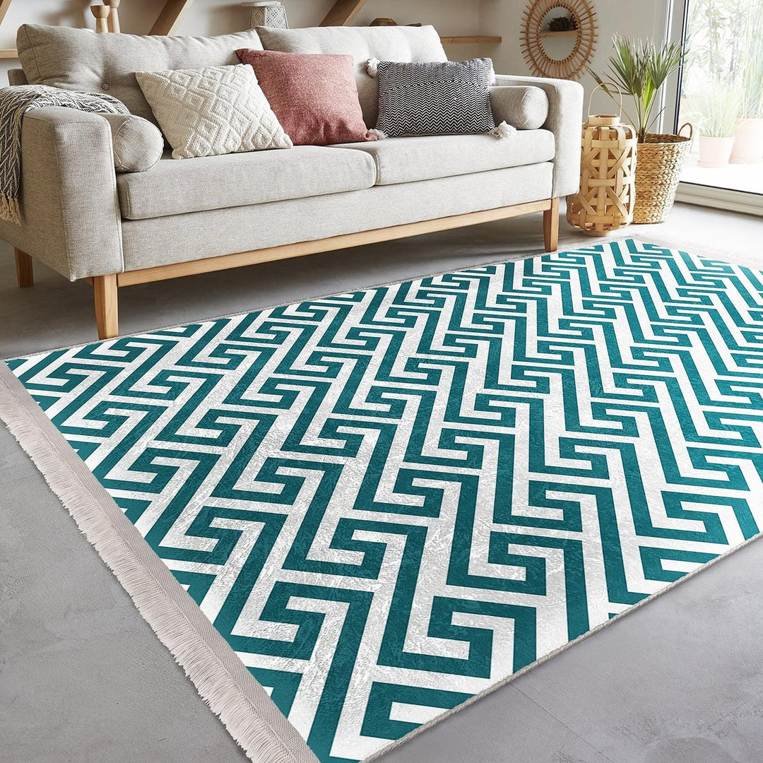 Teal Geometric Rug|Modern Minimalist Carpet|Abstract Pattern Floor Mat|Washable&Non-Slip|Scandinavian Style Decor|Cozy Room Accent