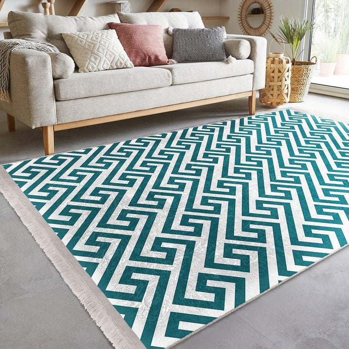 Teal Geometric Rug|Modern Minimalist Carpet|Abstract Pattern Floor Mat|Washable&Non-Slip|Scandinavian Style Decor|Cozy Room Accent