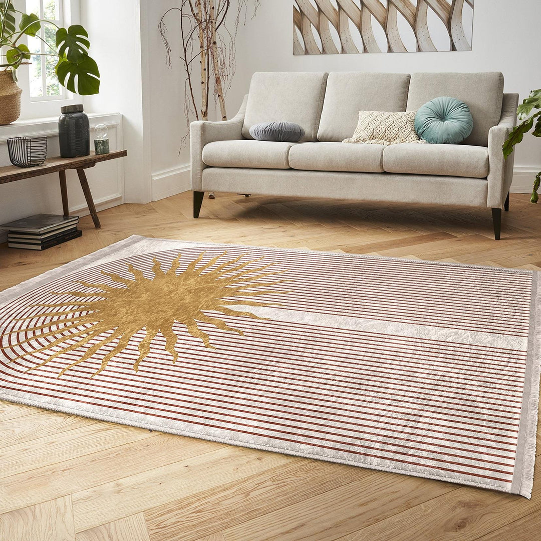 Sunburst Pattern Rug|Geometric Carpet|Boho Modern Carpet|Natural Floor Mat|Washable&Non-Slip|Warm Earthy Decor|Stylish Room Accent