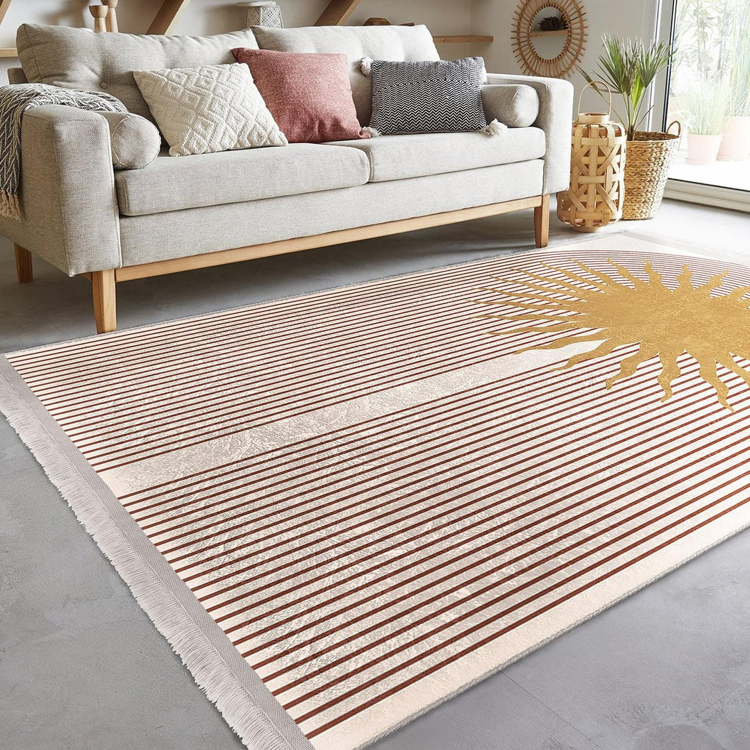 Sunburst Pattern Rug|Geometric Carpet|Boho Modern Carpet|Natural Floor Mat|Washable&Non-Slip|Warm Earthy Decor|Stylish Room Accent