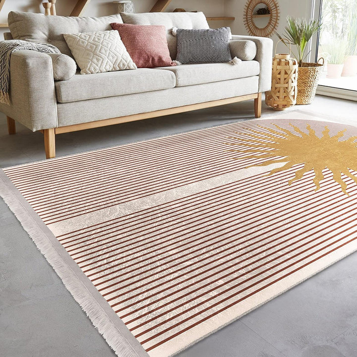 Sunburst Pattern Rug|Geometric Carpet|Boho Modern Carpet|Natural Floor Mat|Washable&Non-Slip|Warm Earthy Decor|Stylish Room Accent