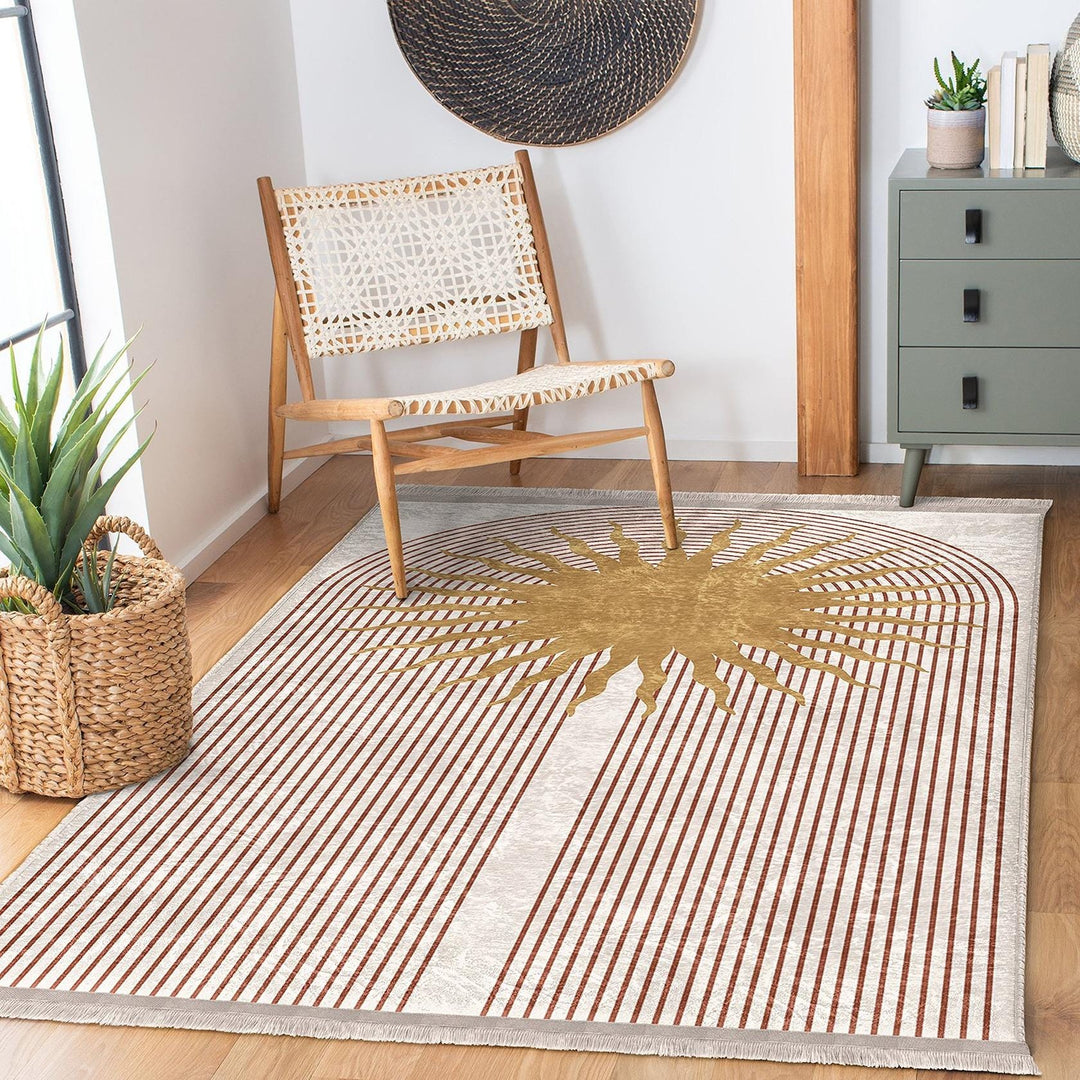 Sunburst Pattern Rug|Geometric Carpet|Boho Modern Carpet|Natural Floor Mat|Washable&Non-Slip|Warm Earthy Decor|Stylish Room Accent