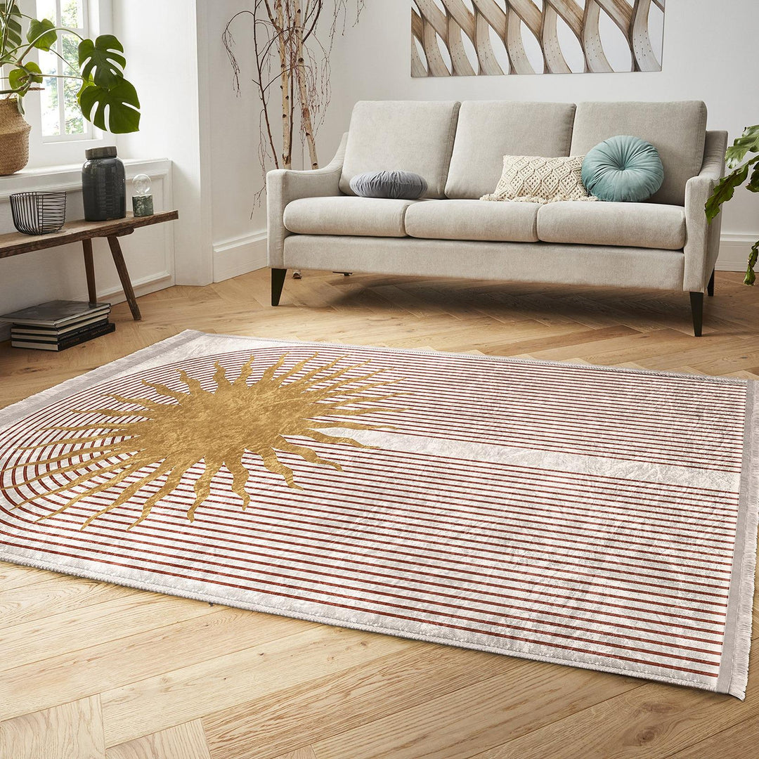 Sunburst Pattern Rug|Geometric Carpet|Boho Modern Carpet|Natural Floor Mat|Washable&Non-Slip|Warm Earthy Decor|Stylish Room Accent