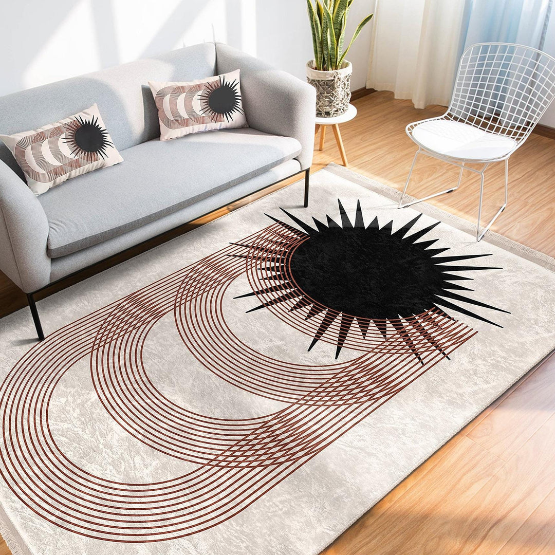 Modern Geometric Rug|Minimalist Arches & Sun Motif Carpet|Neutral Color Carpet|Art-Inspired Floor Decor|Seasonless Living Room Area Rug