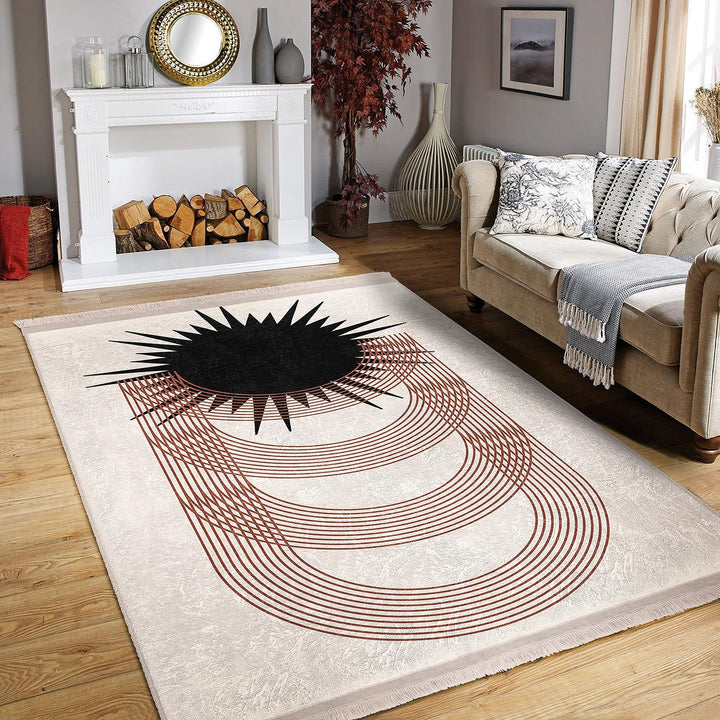 Modern Geometric Rug|Minimalist Arches & Sun Motif Carpet|Neutral Color Carpet|Art-Inspired Floor Decor|Seasonless Living Room Area Rug