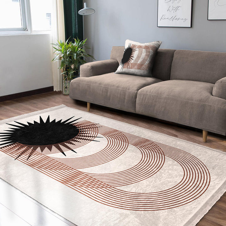 Modern Geometric Rug|Minimalist Arches & Sun Motif Carpet|Neutral Color Carpet|Art-Inspired Floor Decor|Seasonless Living Room Area Rug