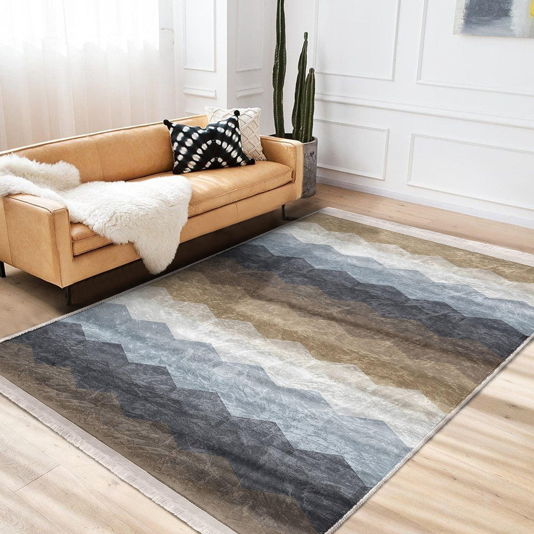 Zigzag Geometric Rug|Modern Multicolor Carpet|Neutral Brown & Blue Tones|Art-Inspired Floor Decor|Statement Living Room Area Rug