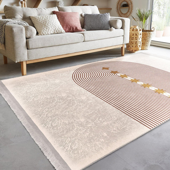 Arched Line Rug with Golden Stars|Modern Abstract Carpet|Neutral Tones Rug|Celestial-Inspired Floor Decor|Artistic Living Room Area Rug