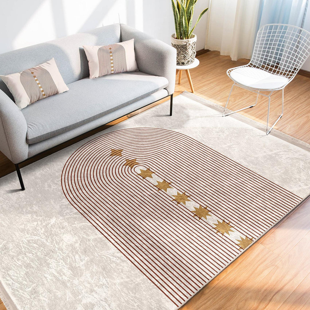 Arched Line Rug with Golden Stars|Modern Abstract Carpet|Neutral Tones Rug|Celestial-Inspired Floor Decor|Artistic Living Room Area Rug