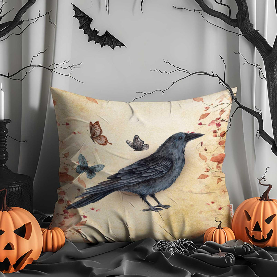 Pumpkin & Crow Whisper Pillow Cover|Skull Autumn Bloom Cushion Case|Harvest Pillow Case|Spooky Throw Pillowcase|Halloween Pillowtop