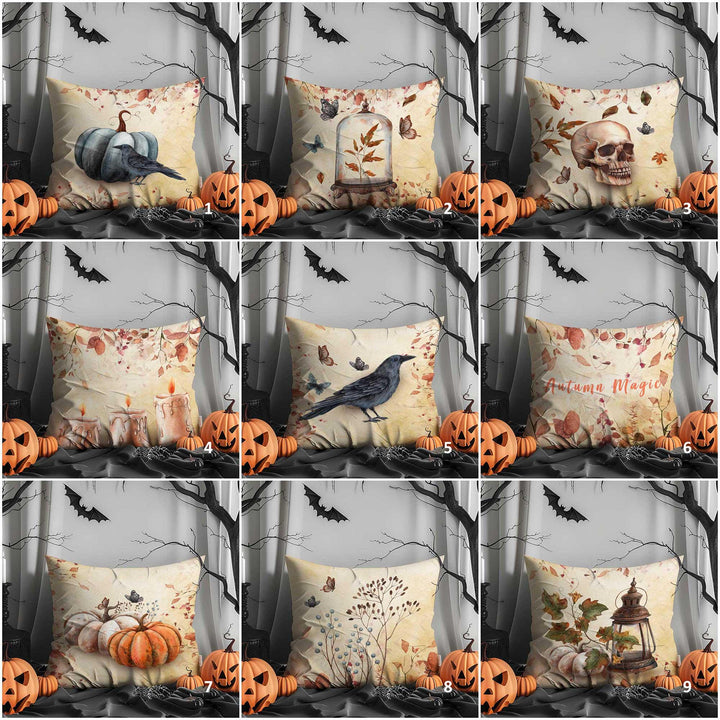 Pumpkin & Crow Whisper Pillow Cover|Skull Autumn Bloom Cushion Case|Harvest Pillow Case|Spooky Throw Pillowcase|Halloween Pillowtop