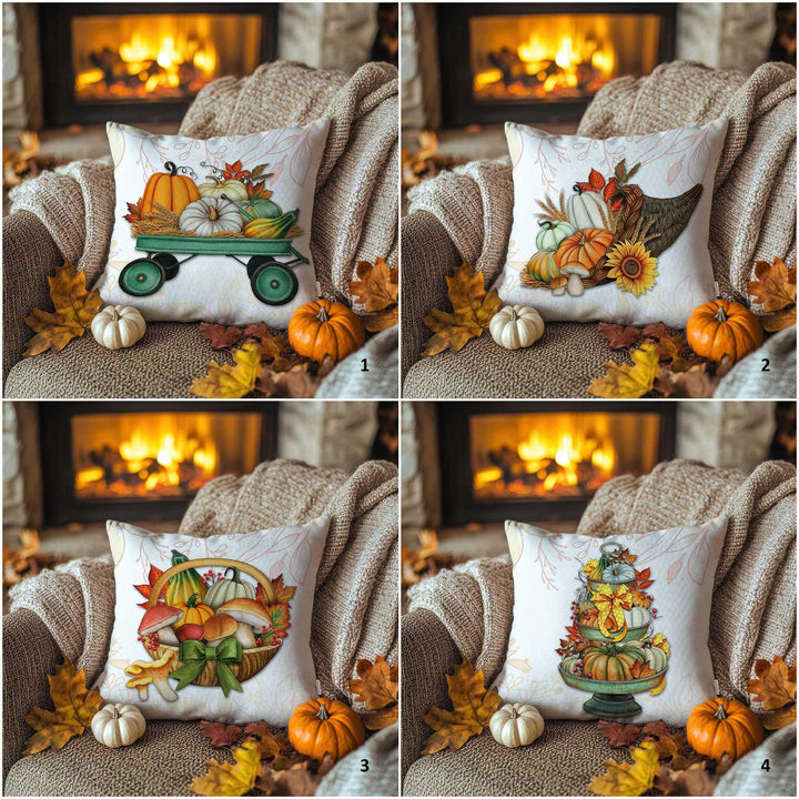Harvest Theme Cushion Case|Autumn Wreath Throw Pillowcase|Fall Pillow Case|Tiered Pumpkin Tray Pillowtop|Pumpkin Wagon Pillow Cover