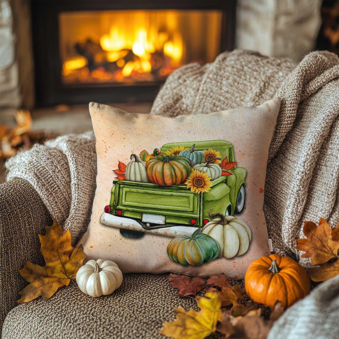 Green Harvest Truck Pillow Cover|Fall Picnic Pillowtop|Wheelbarrow Pillow Case|Autumn Throw Pillowcase|Pumpkin Cushion Case|Farmhouse Gift