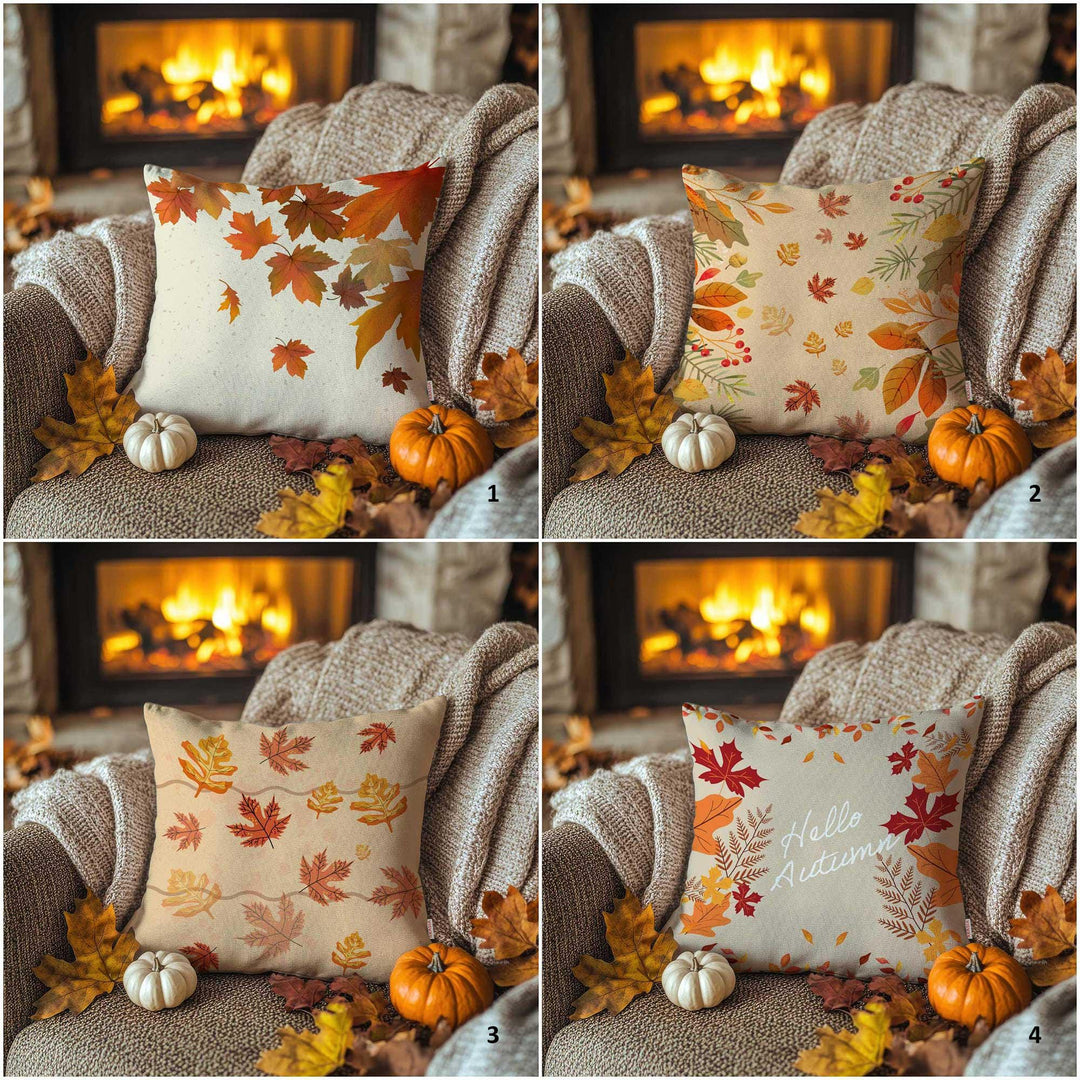 Fall Leaves On Beige Cushion Case|Red Maple Pillow Case|Hello Autumn Throw Pillowcase|Fall Leaf Outdoor Cushion|Thanksgiving Porch Decor