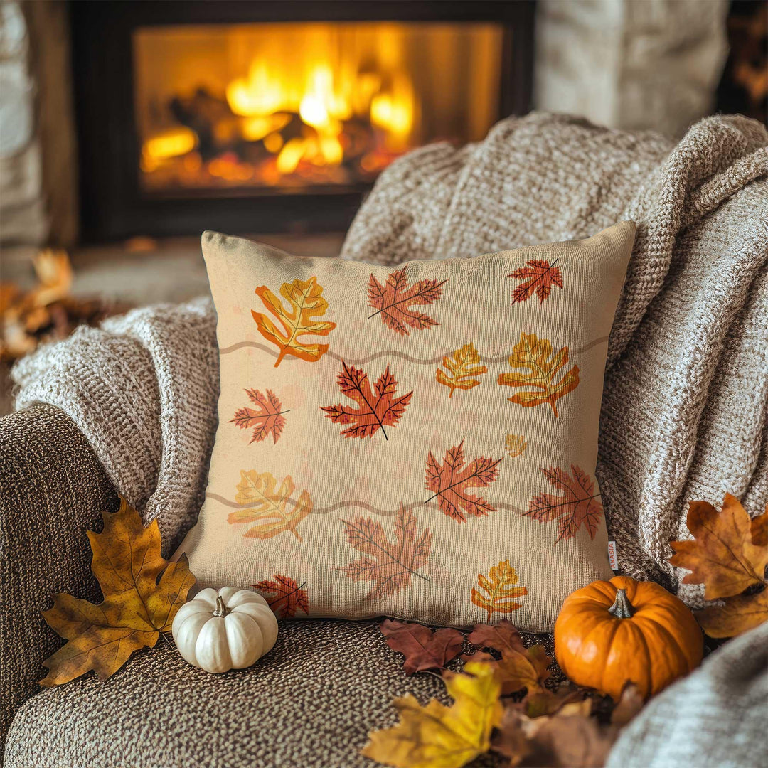 Fall Leaves On Beige Cushion Case|Red Maple Pillow Case|Hello Autumn Throw Pillowcase|Fall Leaf Outdoor Cushion|Thanksgiving Porch Decor