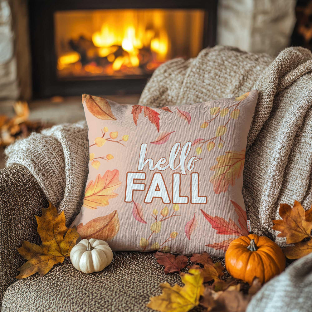 Hello Fall Pillow Case|Farmhouse Cushion Case|Hello Autumn Porch Decor|Thanksgiving Throw Pillowcase|Falling Leaves Outdoor Cushion