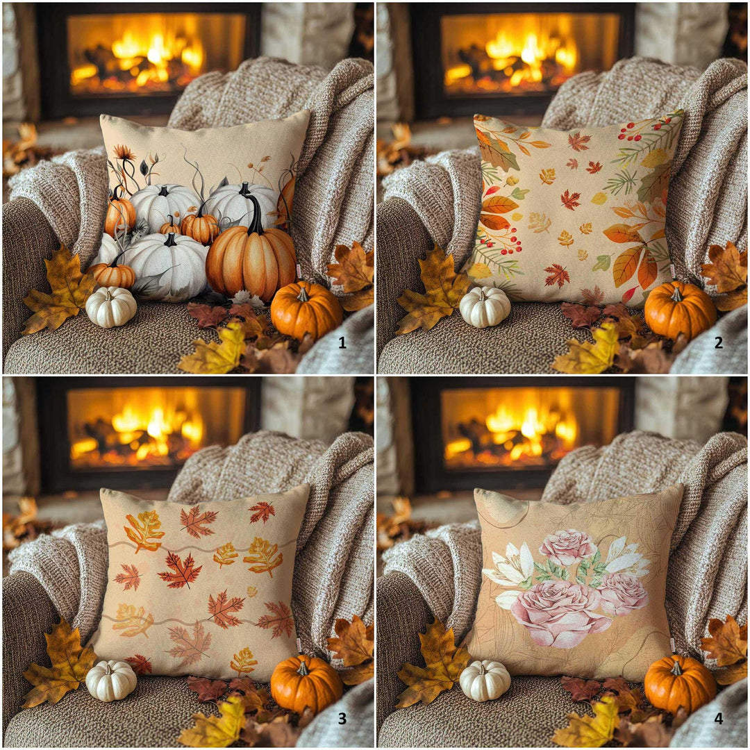 Colorful Autumn Leaves Throw Pillowcase|Pumpkins Pillow Case|Happy Thanksgiving Cushion Case|Pink Roses with Green Leaves Outdoor Cushion