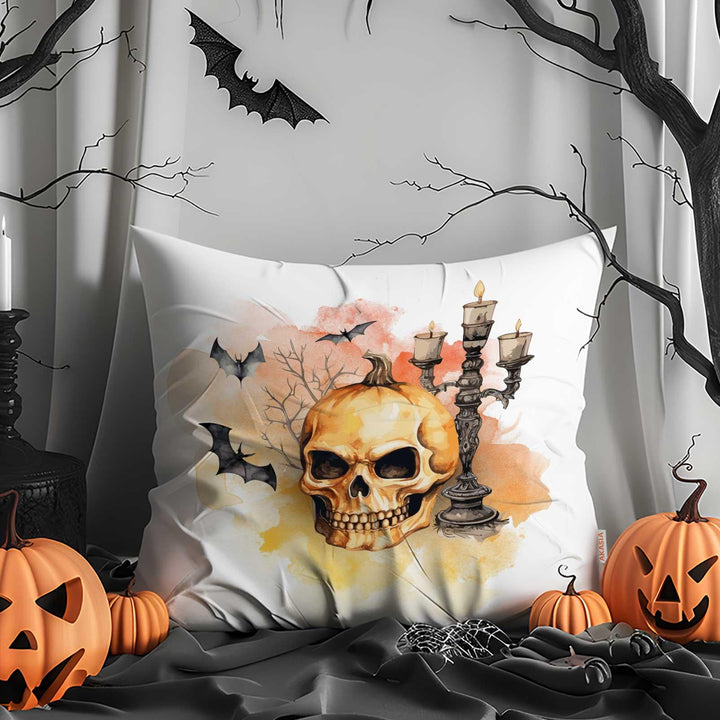 Flying Bats Pillow Cover|Jack-o’-Lanterns Throw Pillowcase|Candlelit Skull With Bats Outdoor Cushion Case|Happy Halloween Cushion Case
