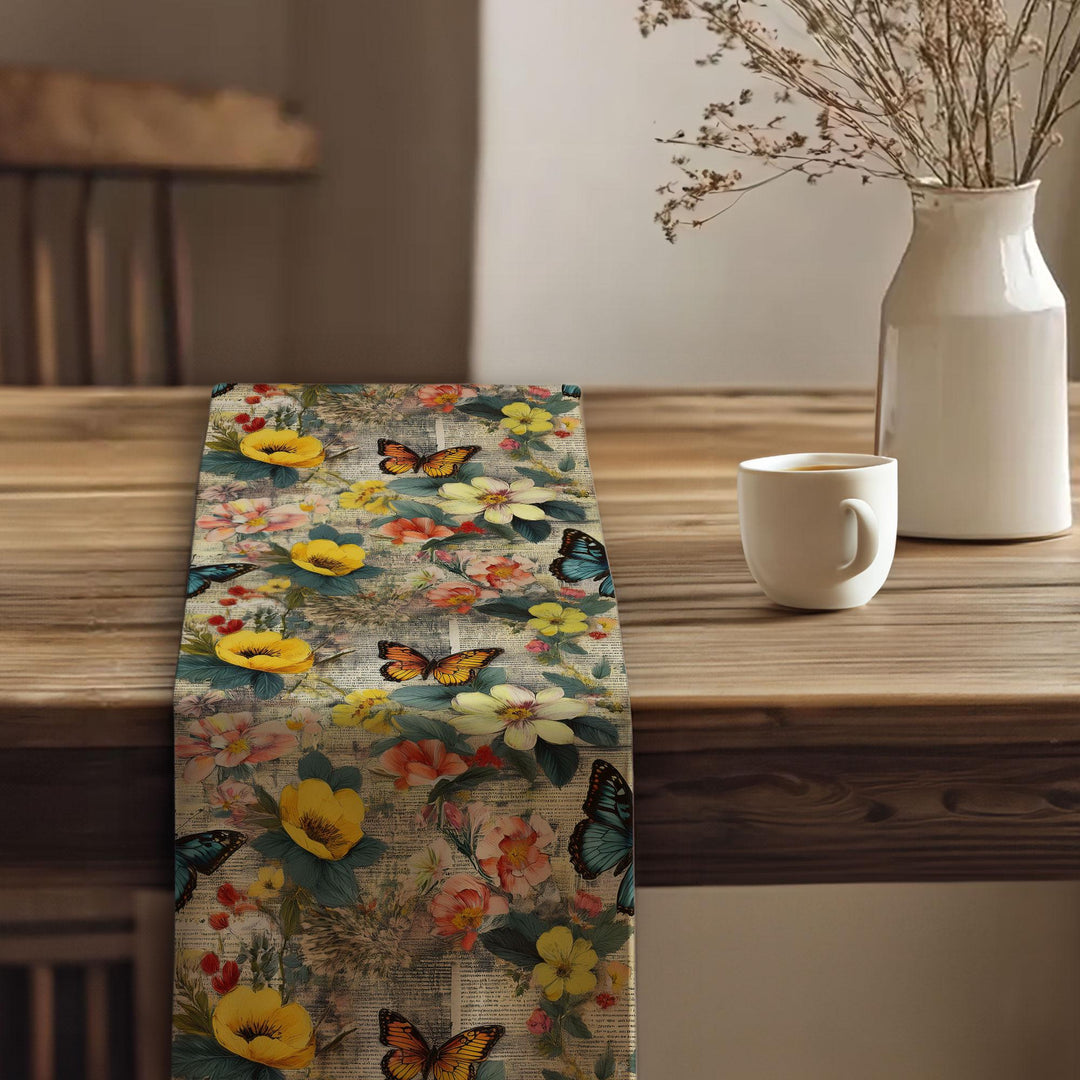 16x70 Floral Table Runner|Floral Tablecloth|Butterfly Print Runner|Modern Home Decor|Farmhouse Kitchen Table Runner|Decorative Runner