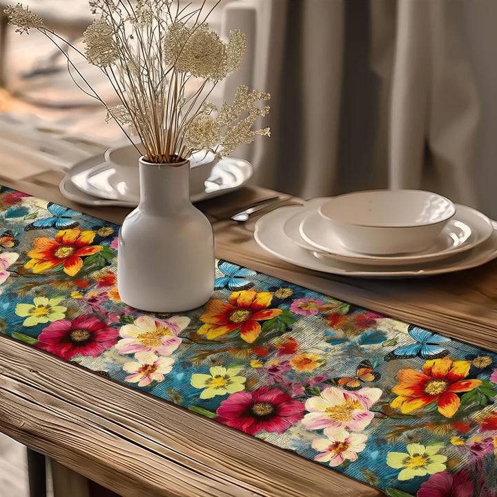 16x70 Floral Table Runner|Floral Tablecloth|Butterfly Print Runner|Modern Home Decor|Farmhouse Kitchen Table Runner|Decorative Runner