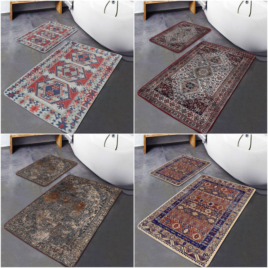 Set of 2 Kilim Design Bath Mat|Non-Slip Bathroom Decor|Southwestern Bath Rug|Rug Design Kitchen Floor Mat|Shower and Home Entrance Carpet