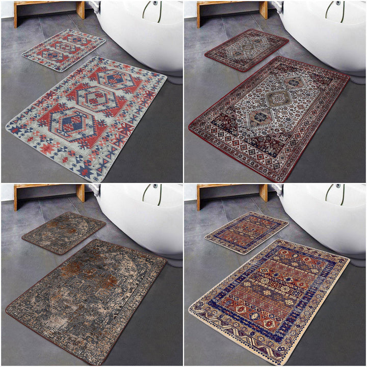 Set of 2 Kilim Design Bath Mat|Non-Slip Bathroom Decor|Southwestern Bath Rug|Rug Design Kitchen Floor Mat|Shower and Home Entrance Carpet