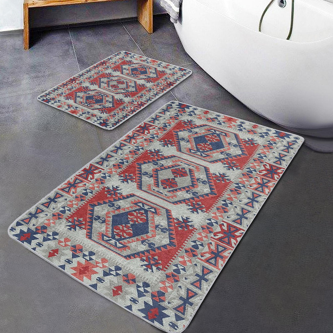 Set of 2 Kilim Design Bath Mat|Non-Slip Bathroom Decor|Southwestern Bath Rug|Rug Design Kitchen Floor Mat|Shower and Home Entrance Carpet