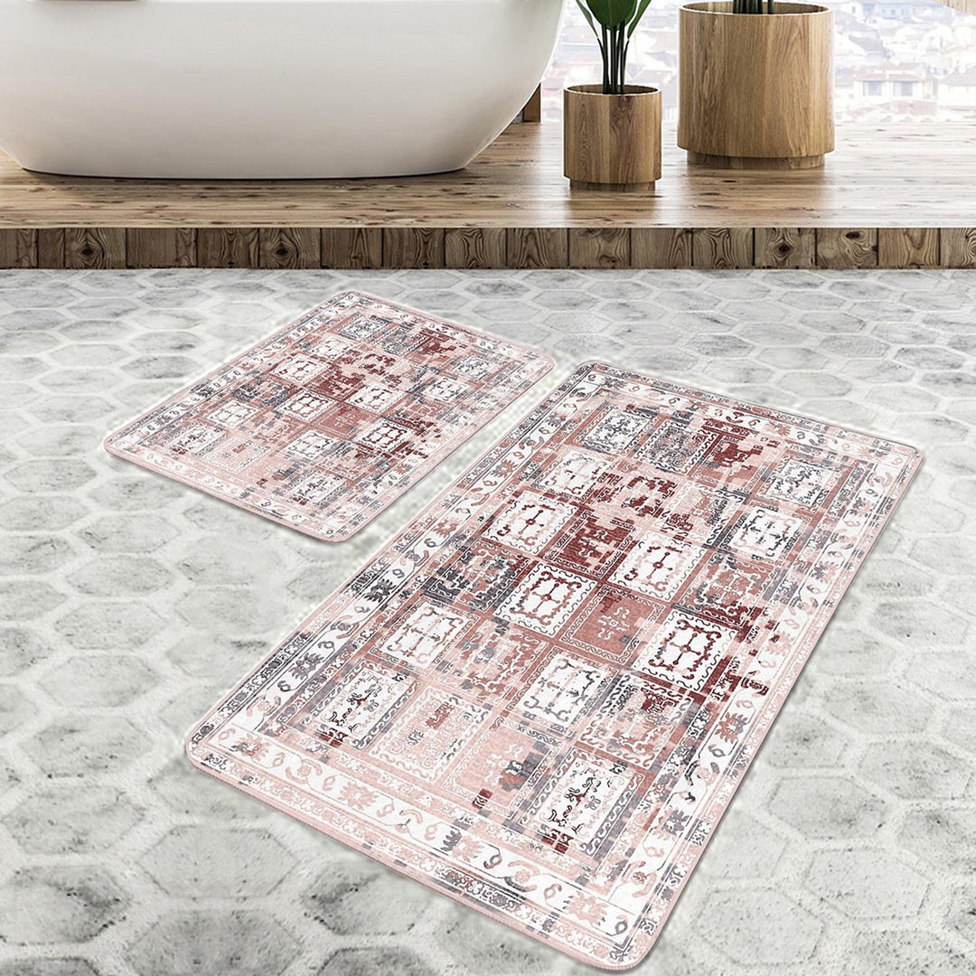 Set of 2 Kilim Motif Bath Mat|Non-Slip Bathroom Decor|Southwestern Bath Rug|Rug Design Kitchen Floor Mat|Shower and Home Entrance Carpet